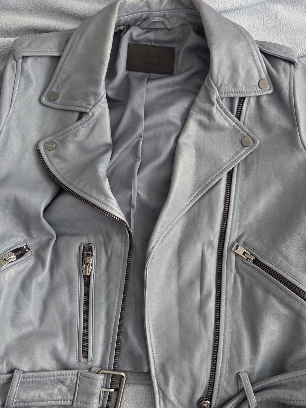 All Saints Light Gray/Blue Leather Moto Jacket